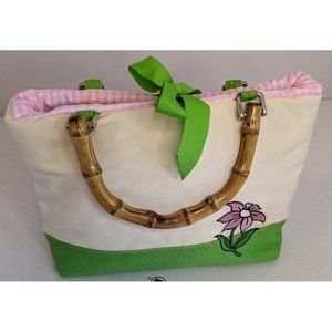 Bamboo Handle Purse Spring Pink Flower Green Cream Cloth Summer Beach